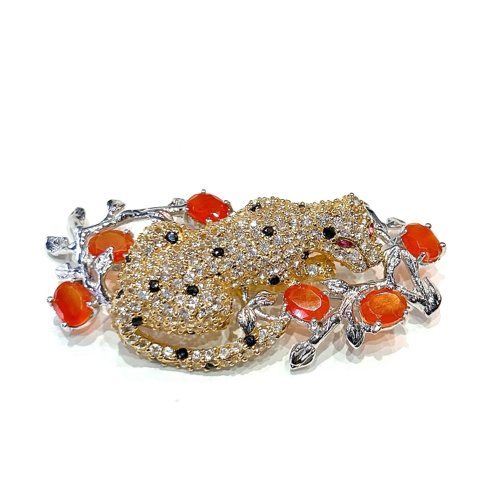 Bochic “Orient” Mandarin Garant & Sapphire Brooch Set In 18K Gold & Silver 3