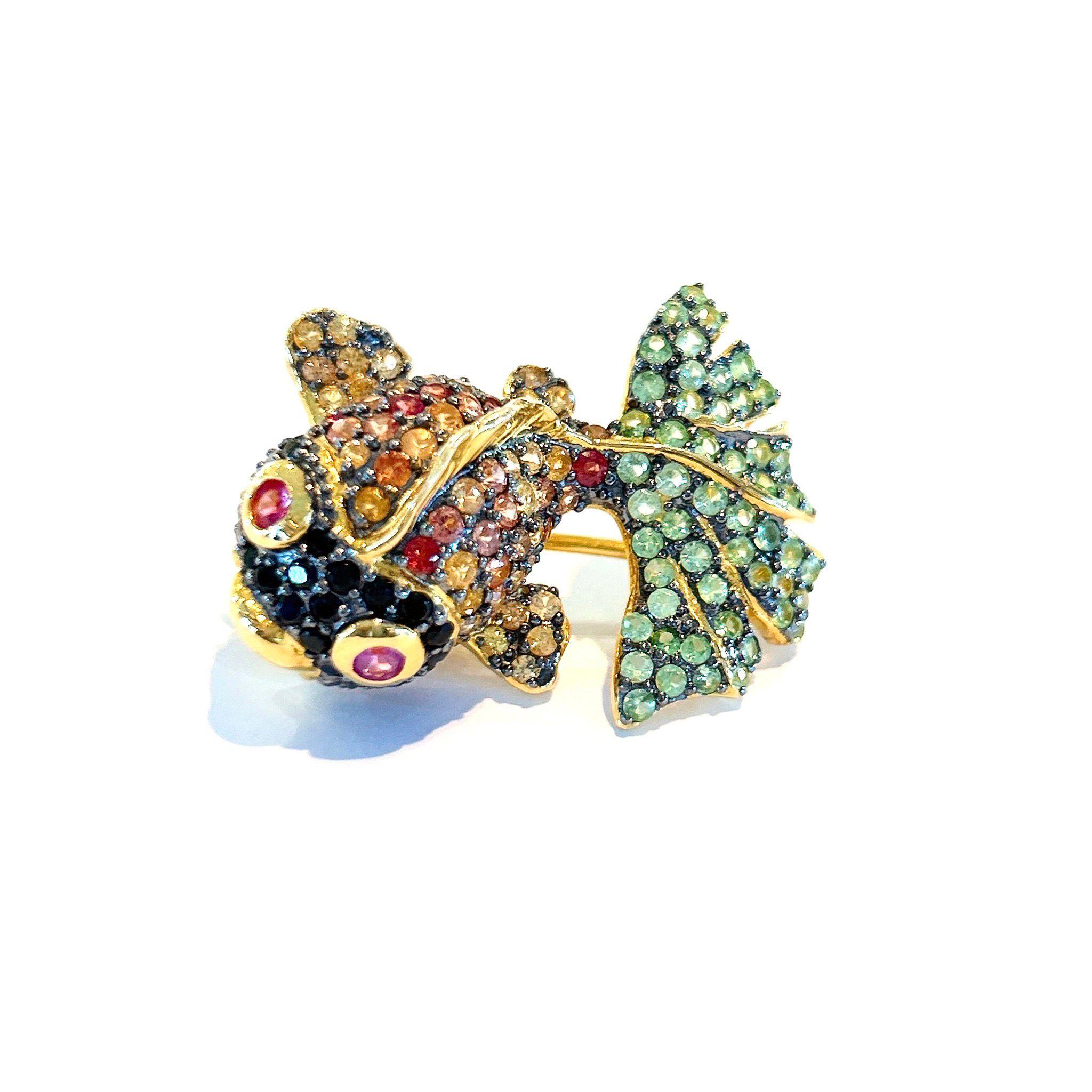 Belle Époque Bochic “Orient” Multi Color Fancy Color Sapphire Brooch Set in 22k Gold & Silver For Sale