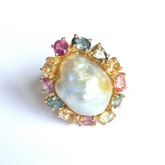 Bochic “Orient” Multi Color Fancy Sapphires & Pearl Ring Set 18K Gold & Silver