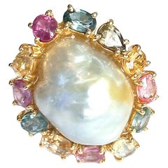 Bochic “Orient” Multi Color Fancy Sapphires & Pearl Ring Set 18K Gold & Silver