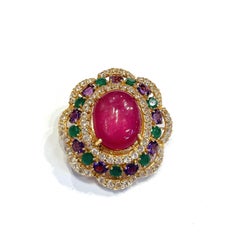Bochic “Orient” Multi Color Gems & Ruby Brooch Set In 18K Gold & Silver