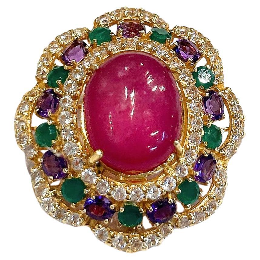 Bochic “Orient” Multi Color Gems & Ruby Brooch Set In 18K Gold & Silver