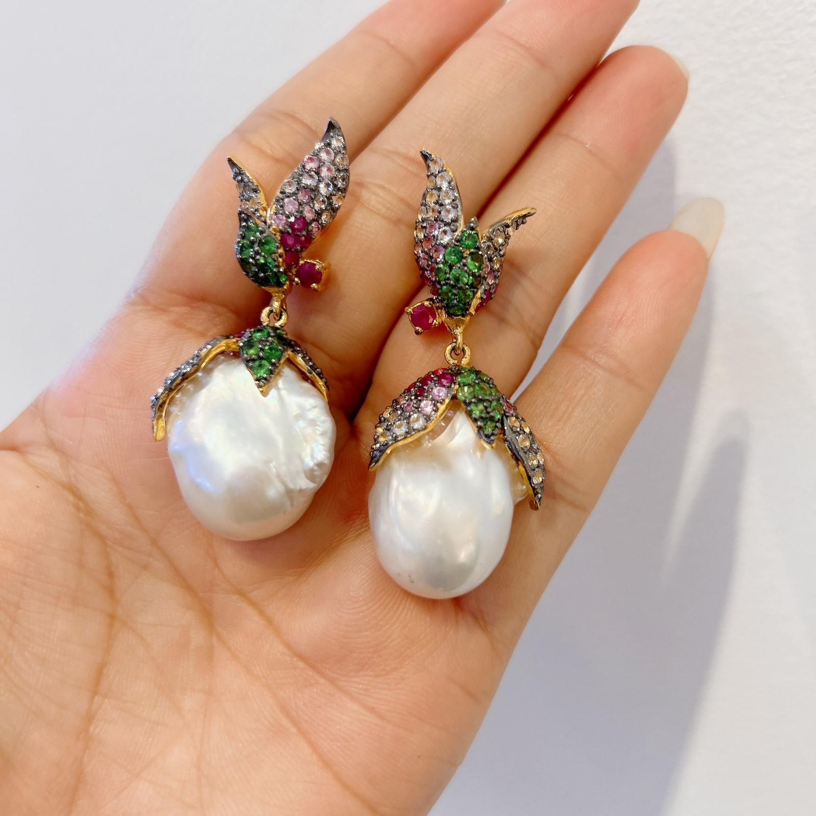 Bochic “Orient” Multi Color Natural Sapphire & South Sea Pearl Earrings 
Natural Sri Lankan round brilliant sapphires - 5 carats
Pink, Blue, Rose. Orange, Yellow Sapphires 
Natural Green Emerald round brilliant - 1 carats 
South Sea white pearls,