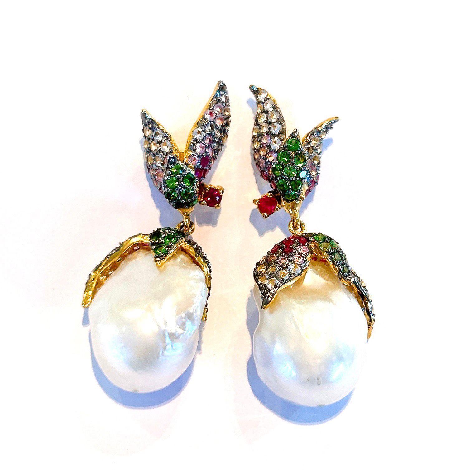 Bochic “Orient” Multi Color Sapphire & South Sea Pearl Earrings 18K Gold&Silver For Sale 1