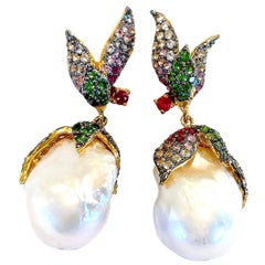 Bochic “Orient” Multi Color Sapphire 
South Sea Pearl Earrings 18K Gold&Silver