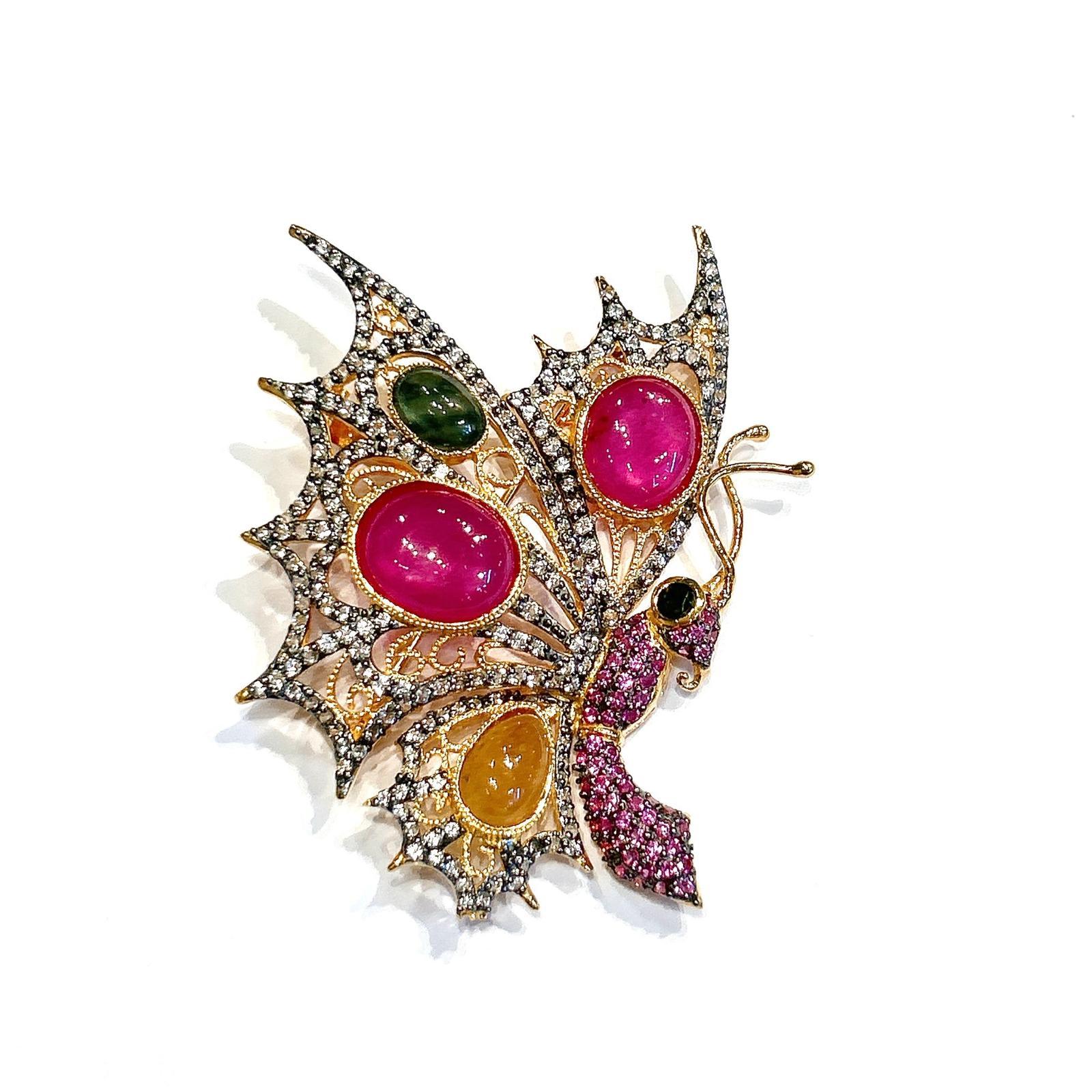 Bochic “Orient” Multi Fancy Sapphire & Ruby Brooch Set In 18K Gold & Silver For Sale 6