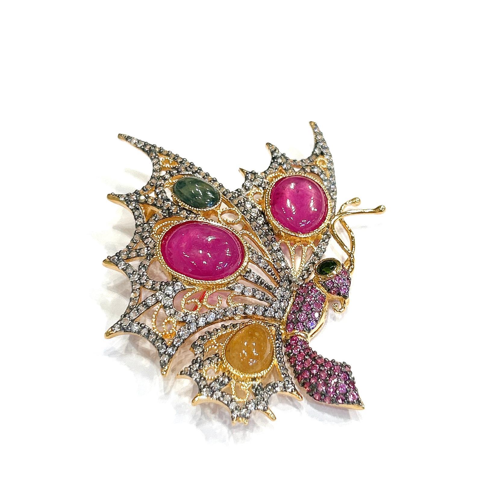 Women's or Men's Bochic “Orient” Multi Fancy Sapphire & Ruby Brooch Set In 18K Gold & Silver For Sale