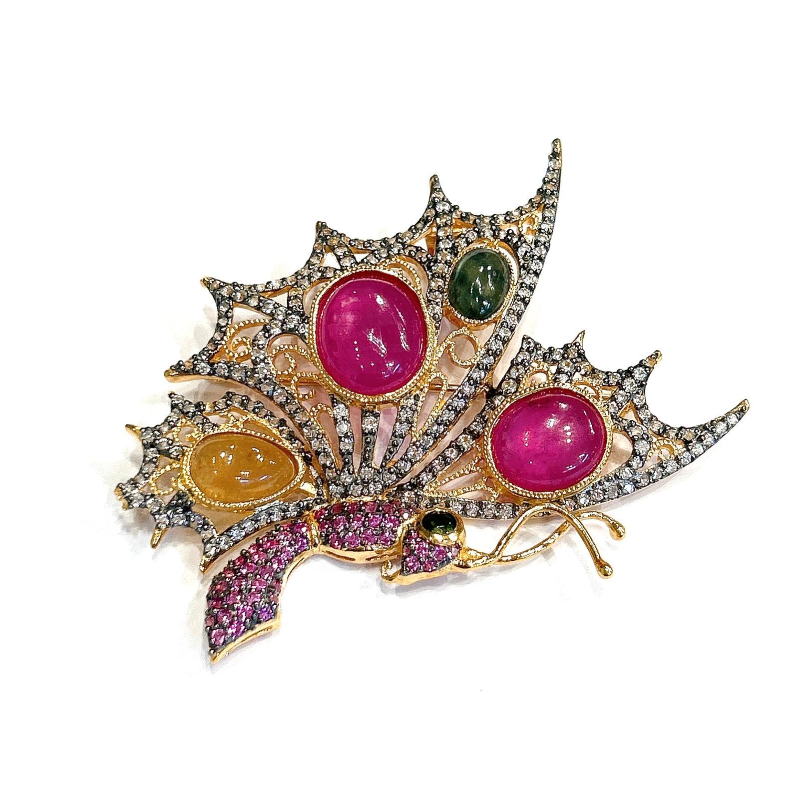 Bochic “Orient” Multi Fancy Sapphire & Ruby Brooch Set In 18K Gold & Silver For Sale 1