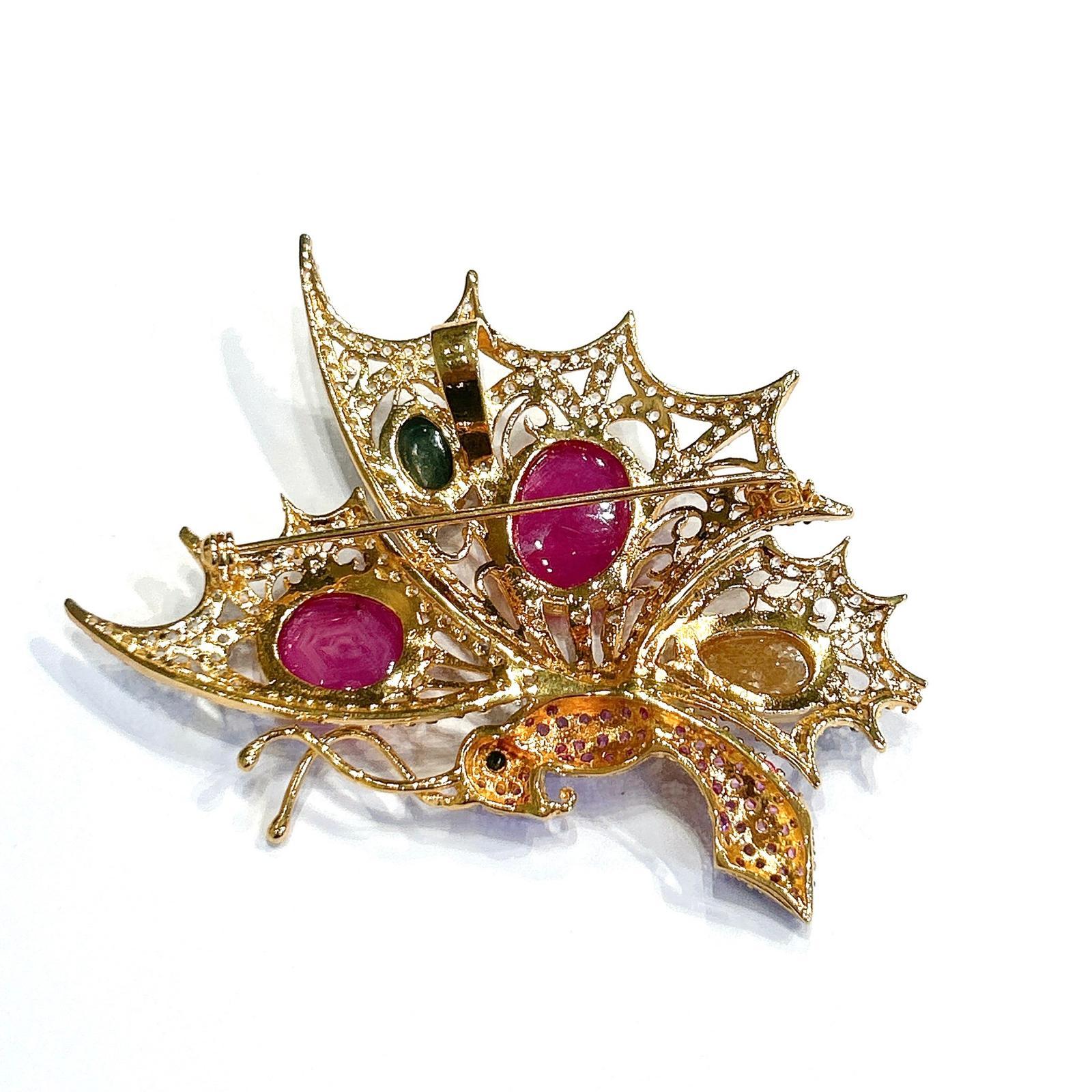 Bochic “Orient” Multi Fancy Sapphire & Ruby Brooch Set In 18K Gold & Silver For Sale 2