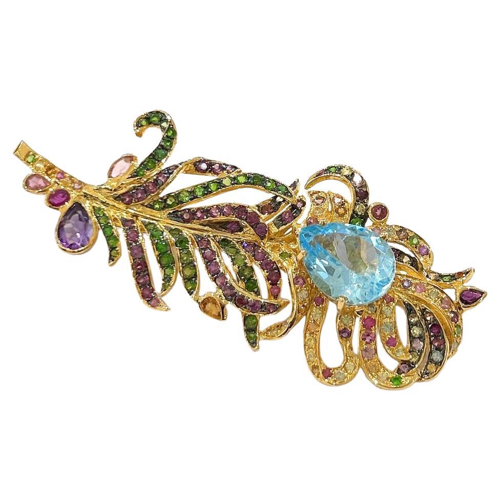 Bochic “Orient” Multi Gem & Blue Topaz Brooch Set In 18K Gold & Silver  For Sale