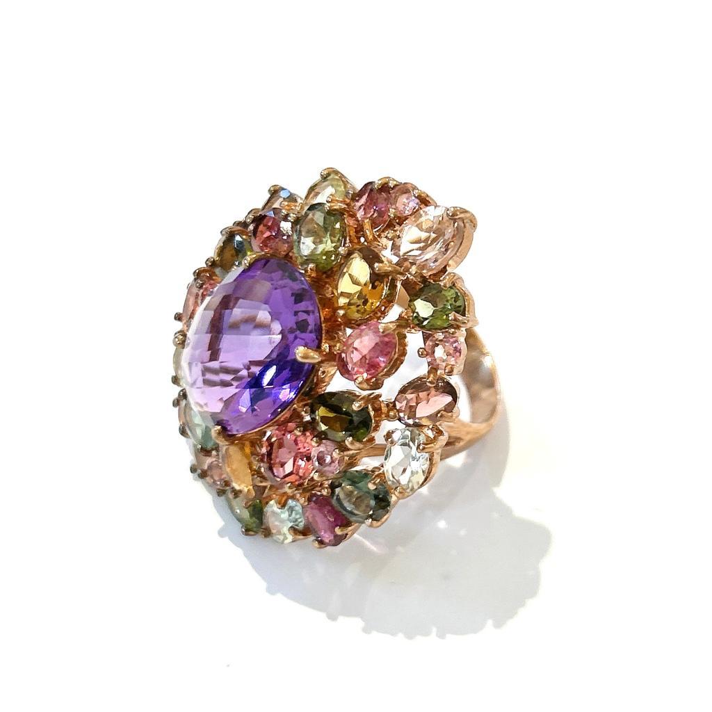Bochic “Orient” Multi Gem Cocktail Ring Set In 18 K Gold & Silver 

Purple Natural Amethyst, round center stone, 15 Carat
Natural Sapphires and multi gems from Sri Lanka - 15 Carat 

This Ring is from the 