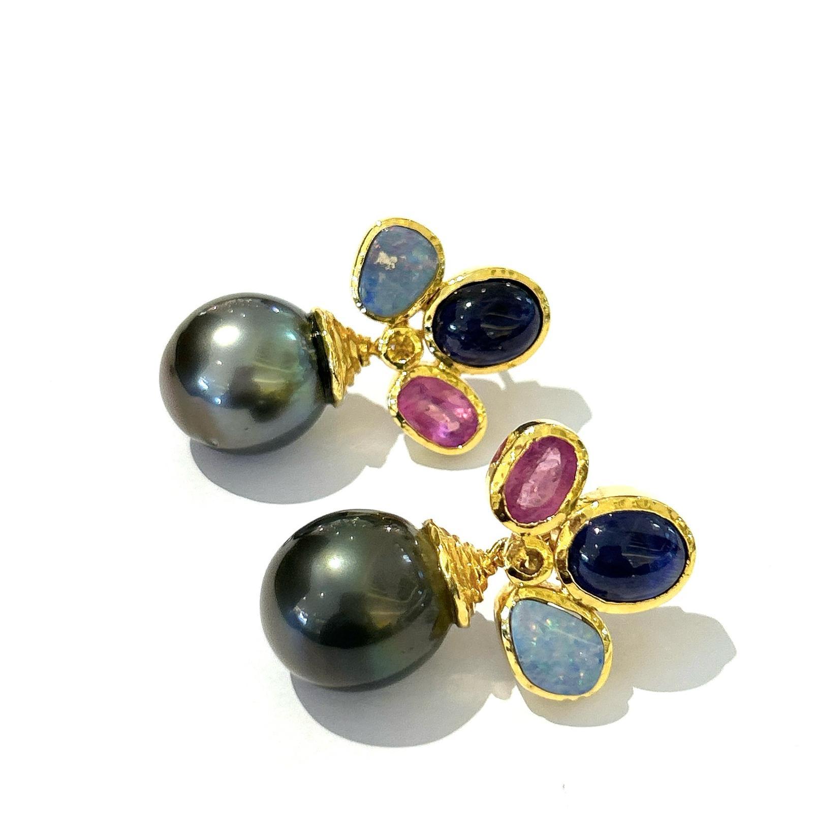 Baroque Bochic “Orient” Multi Gem & South Sea Pearl Earrings Set In 18K Gold & Silver  For Sale