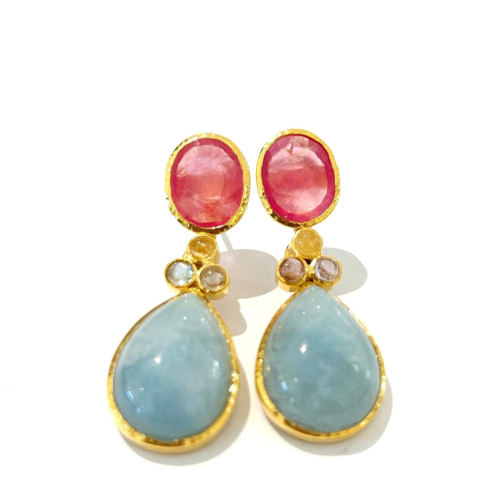 Bochic Orient Multi Saphir, Aquamarin  Ohrringe mit Rubin & Rubin Set 18K Gold&Silber (Barock) im Angebot