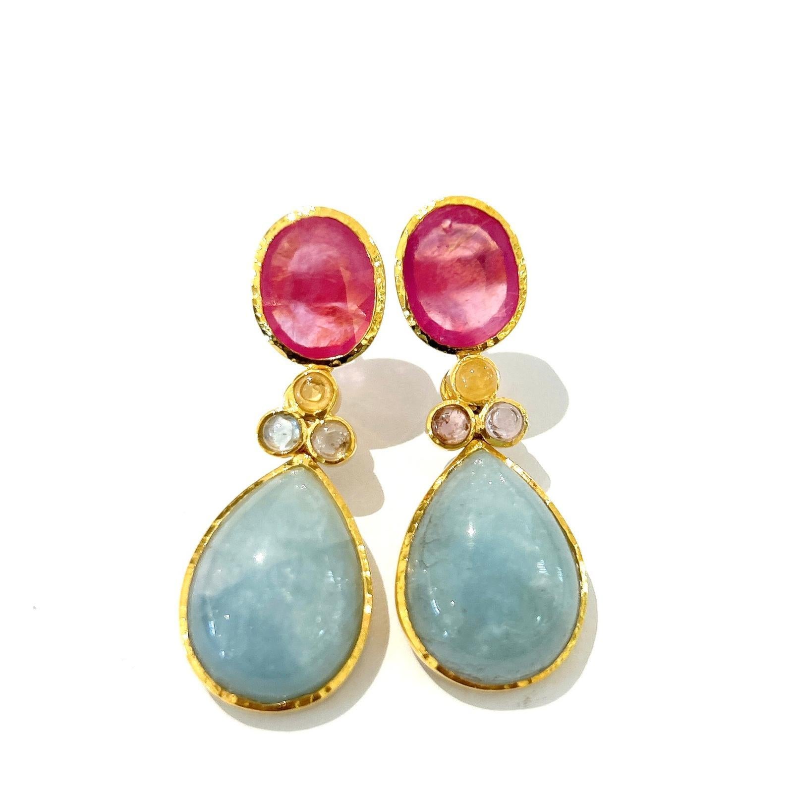 Bochic Orient Multi Saphir, Aquamarin  Ohrringe mit Rubin & Rubin Set 18K Gold&Silber im Zustand „Neu“ im Angebot in New York, NY