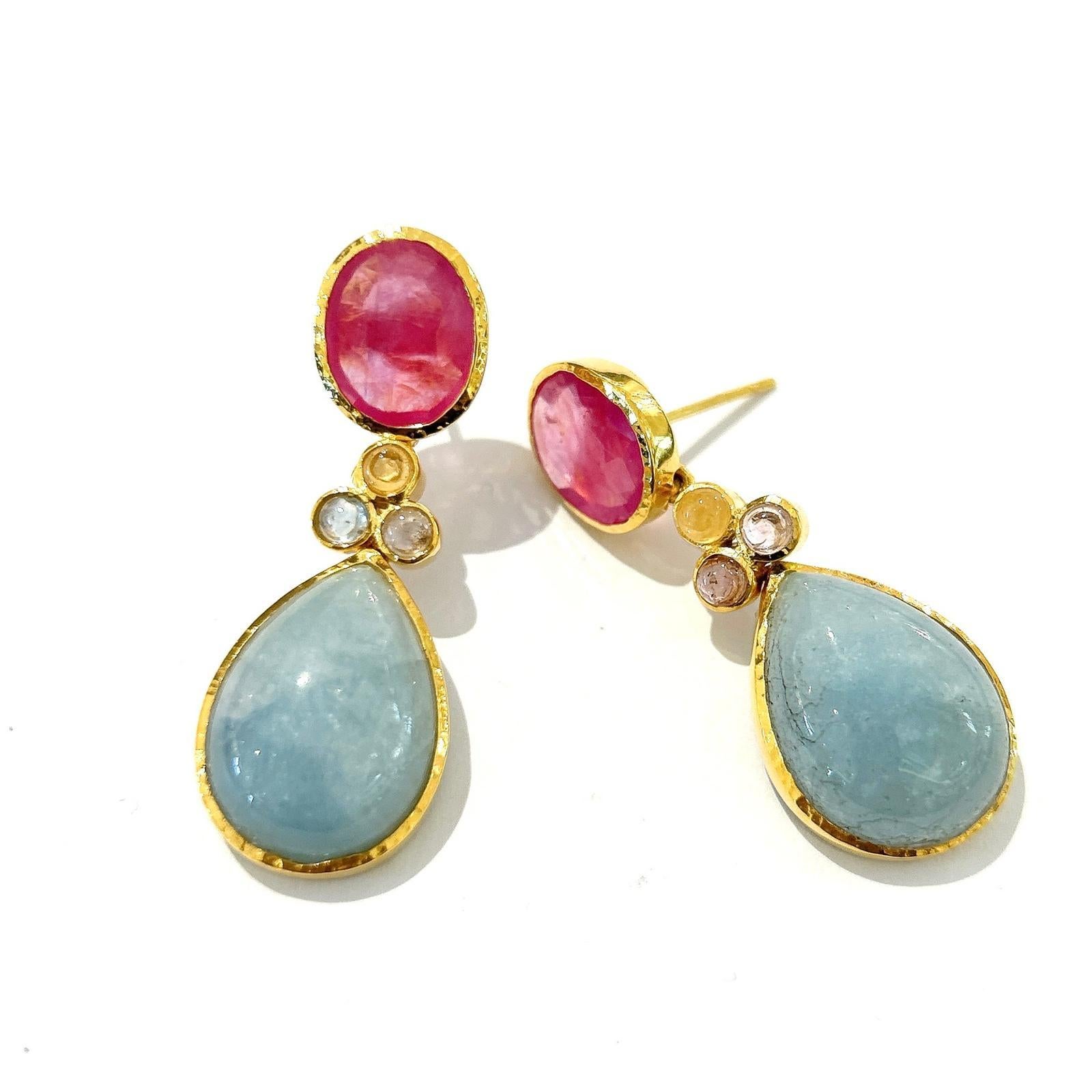 Bochic Orient Multi Saphir, Aquamarin  Ohrringe mit Rubin & Rubin Set 18K Gold&Silber für Damen oder Herren im Angebot