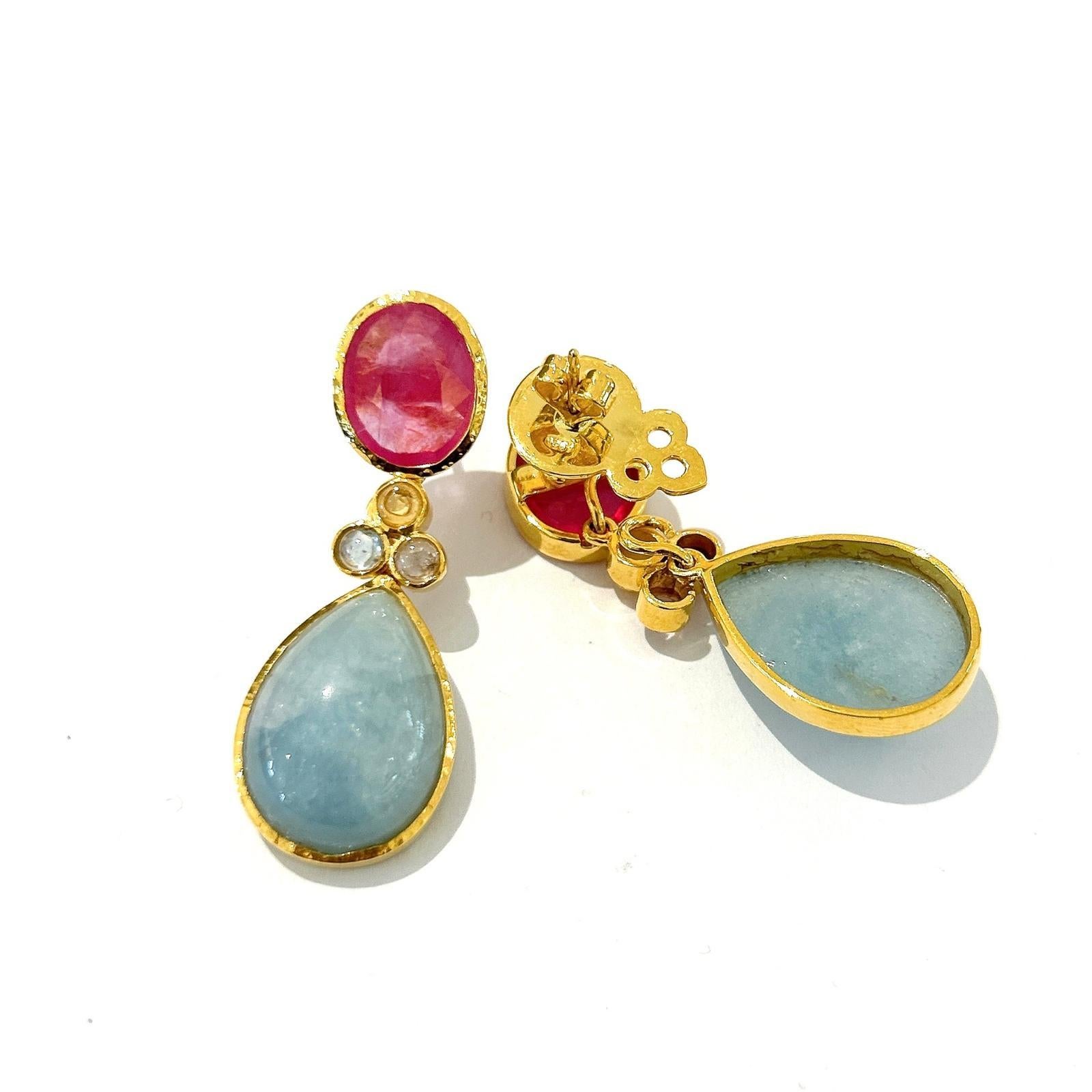 Bochic Orient Multi Saphir, Aquamarin  Ohrringe mit Rubin & Rubin Set 18K Gold&Silber im Angebot 2