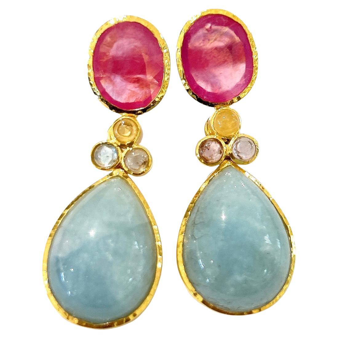 Bochic Orient Multi Saphir, Aquamarin  Ohrringe mit Rubin & Rubin Set 18K Gold&Silber