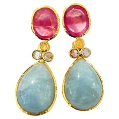 Bochic Orient Multi Saphir, Aquamarin  Ohrringe mit Rubin & Rubin Set 18K Gold&Silber