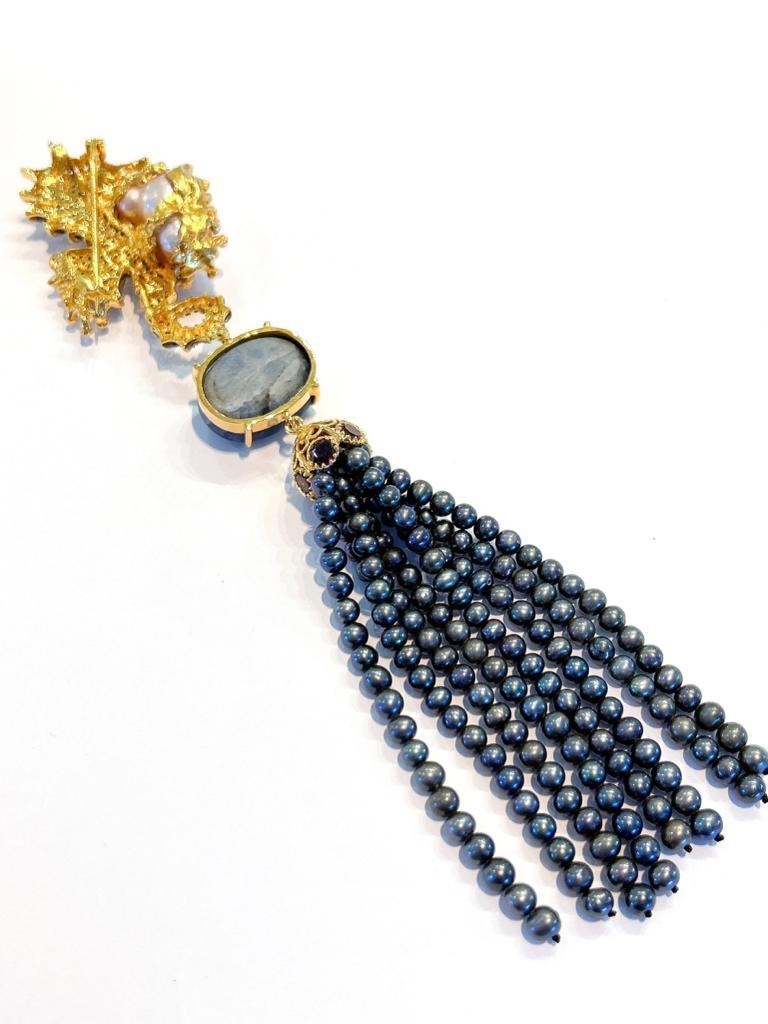 Cabochon Bochic “Orient” Multi Sapphire & Black Pearl Brooch Set In 18K Gold & Silver  For Sale