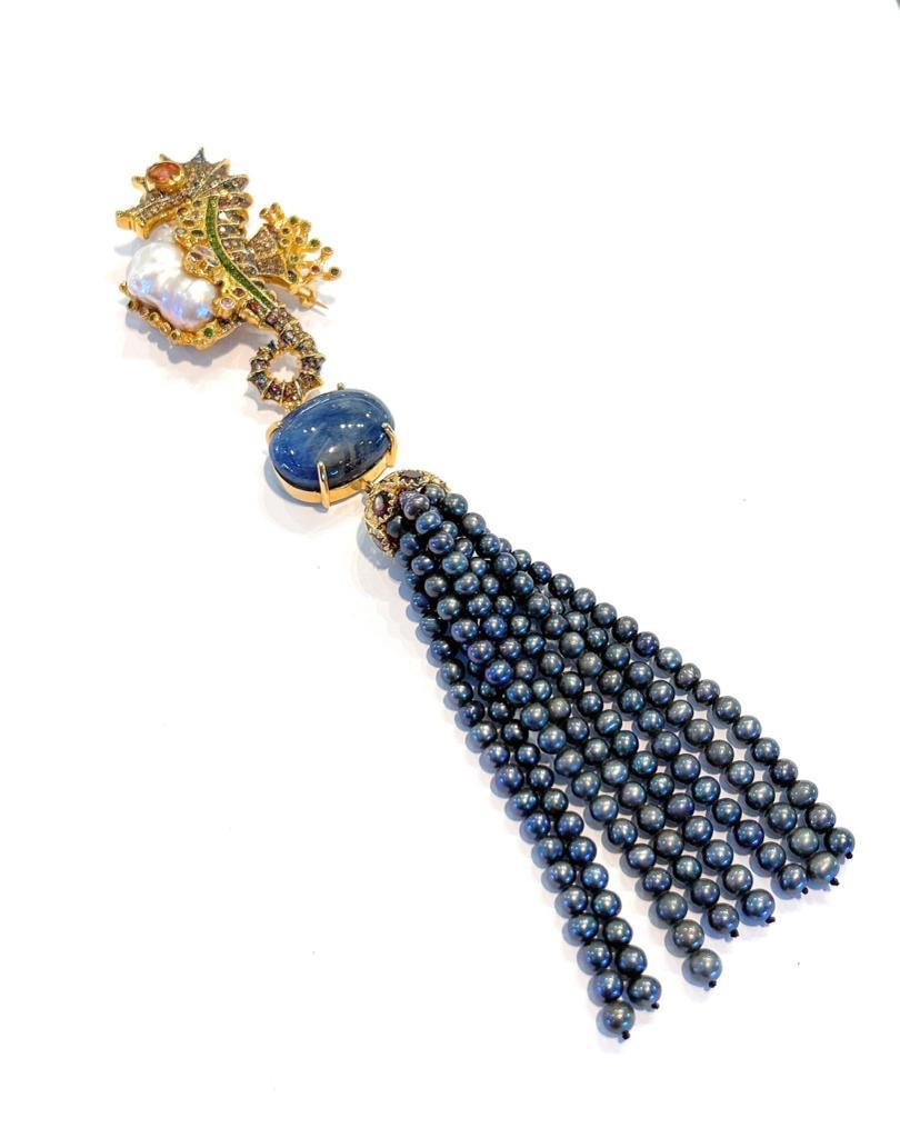 Bochic “Orient” Multi Sapphire & Black Pearl Brooch Set In 18K Gold & Silver  In New Condition For Sale In New York, NY