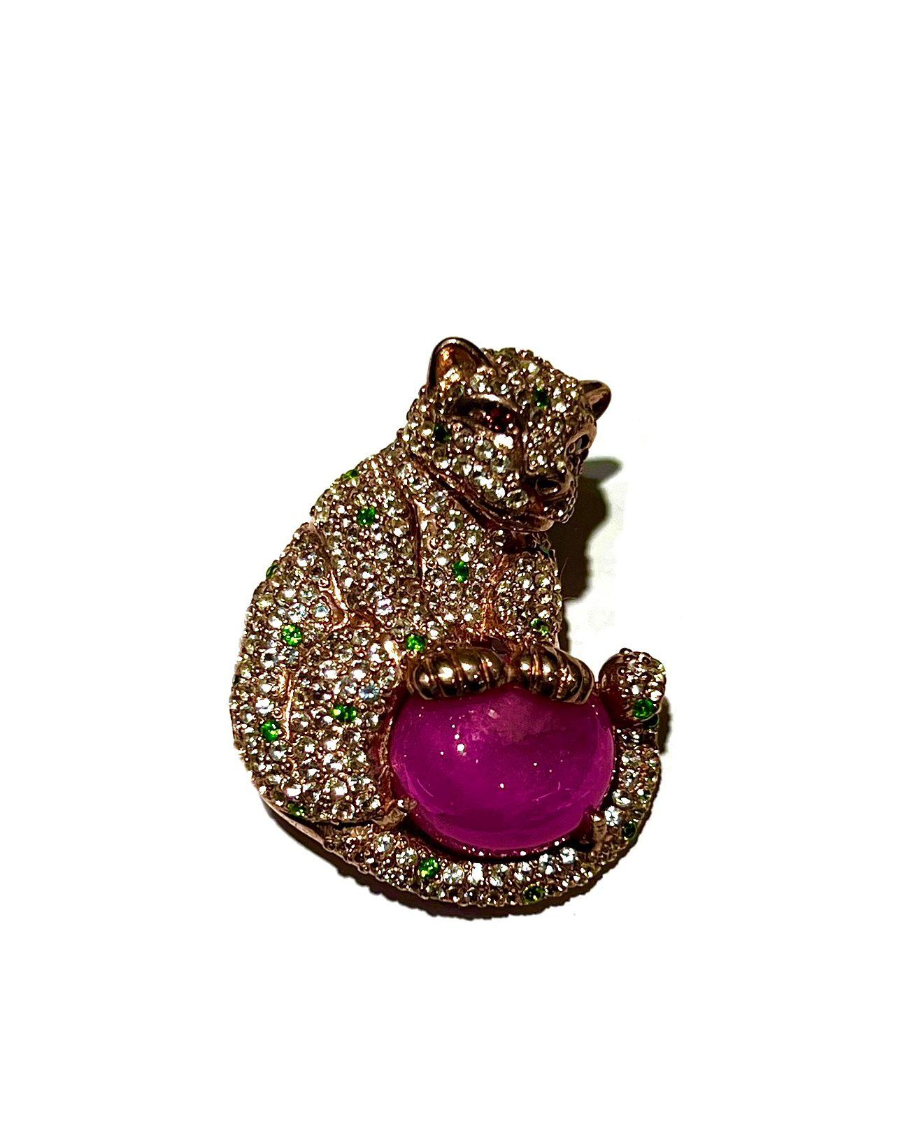 Bochic “Orient” Multi Sapphire & Center Ruby Brooch or Pendent Set In 18K Gold & Silver 

Natural Multi Sapphire 
5 carats 
Natural Ruby
9 carats 

Can be worn as a pendent as well. 

The Brooch is from the 