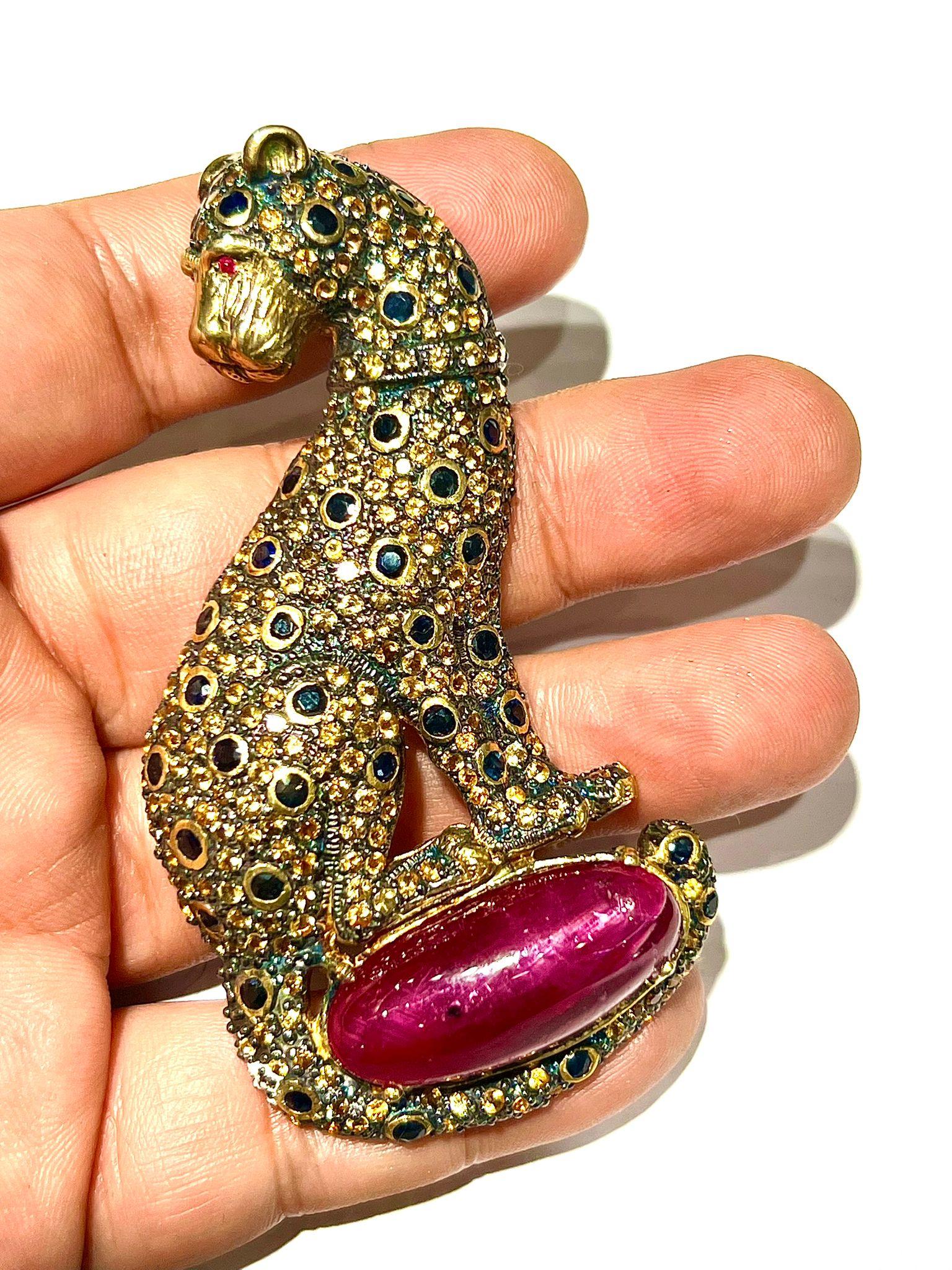 Brilliant Cut Bochic “Orient” Multi Sapphire & Center Ruby Brooch or Pendent Set In 18K Gold & For Sale