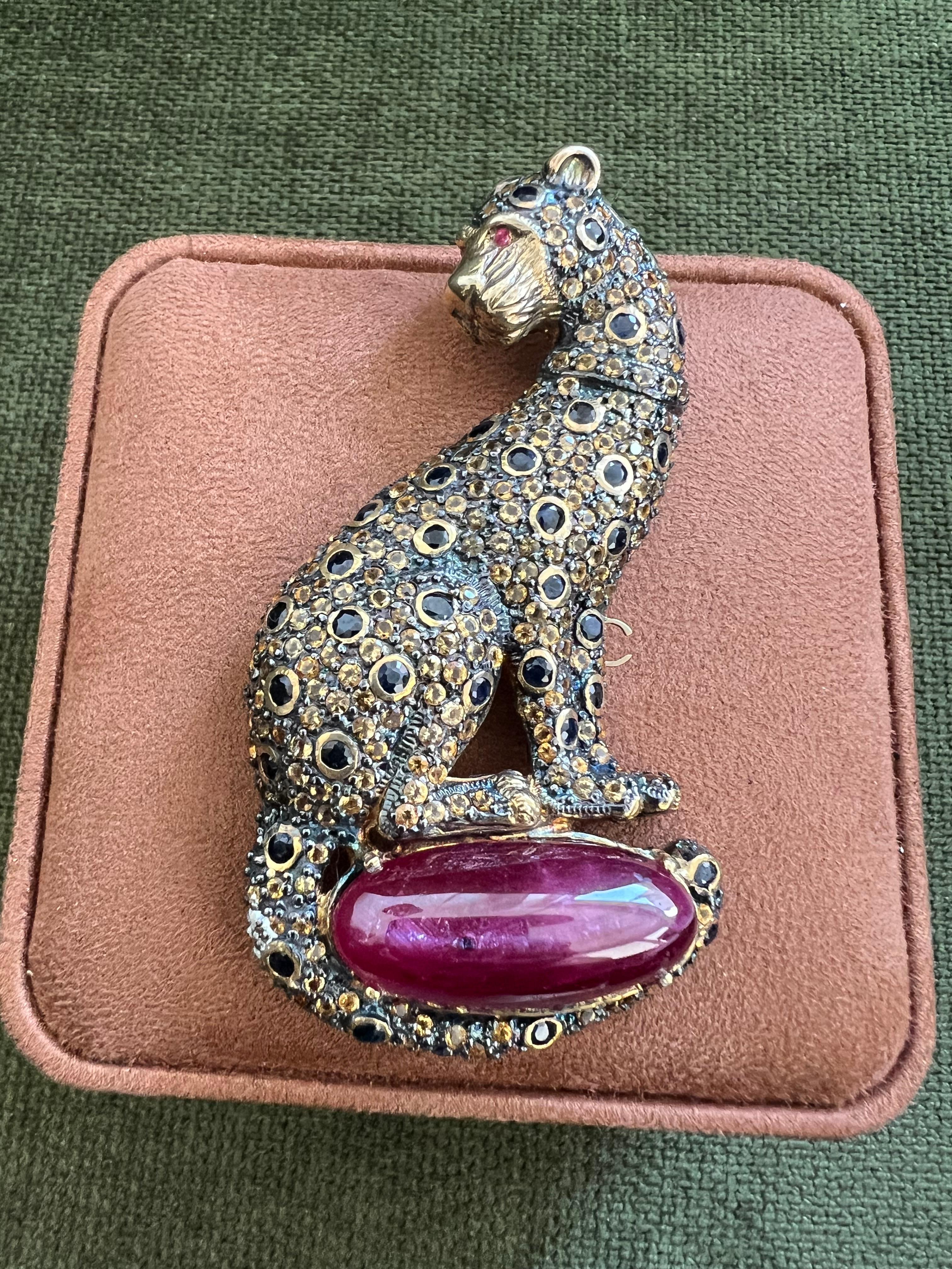 Bochic “Orient” Multi Sapphire & Center Ruby Brooch or Pendent Set In 18K Gold & For Sale 1