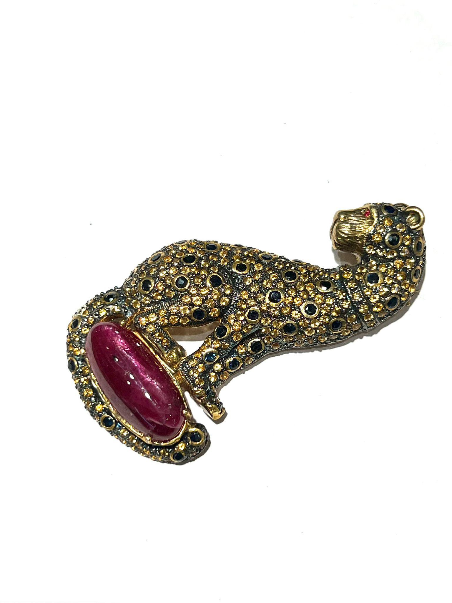 Women's or Men's Bochic “Orient” Multi Sapphire & Center Ruby Brooch or Pendent Set In 18K Gold & For Sale