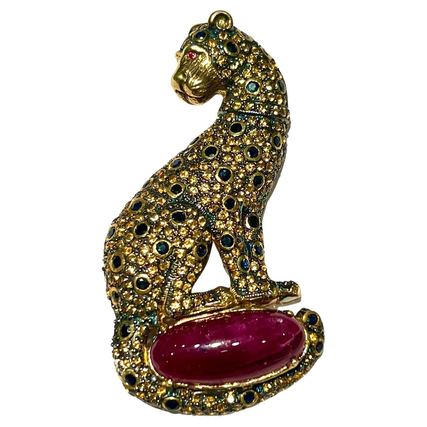 Bochic “Orient” Multi Sapphire & Center Ruby Brooch or Pendent Set In 18K Gold &