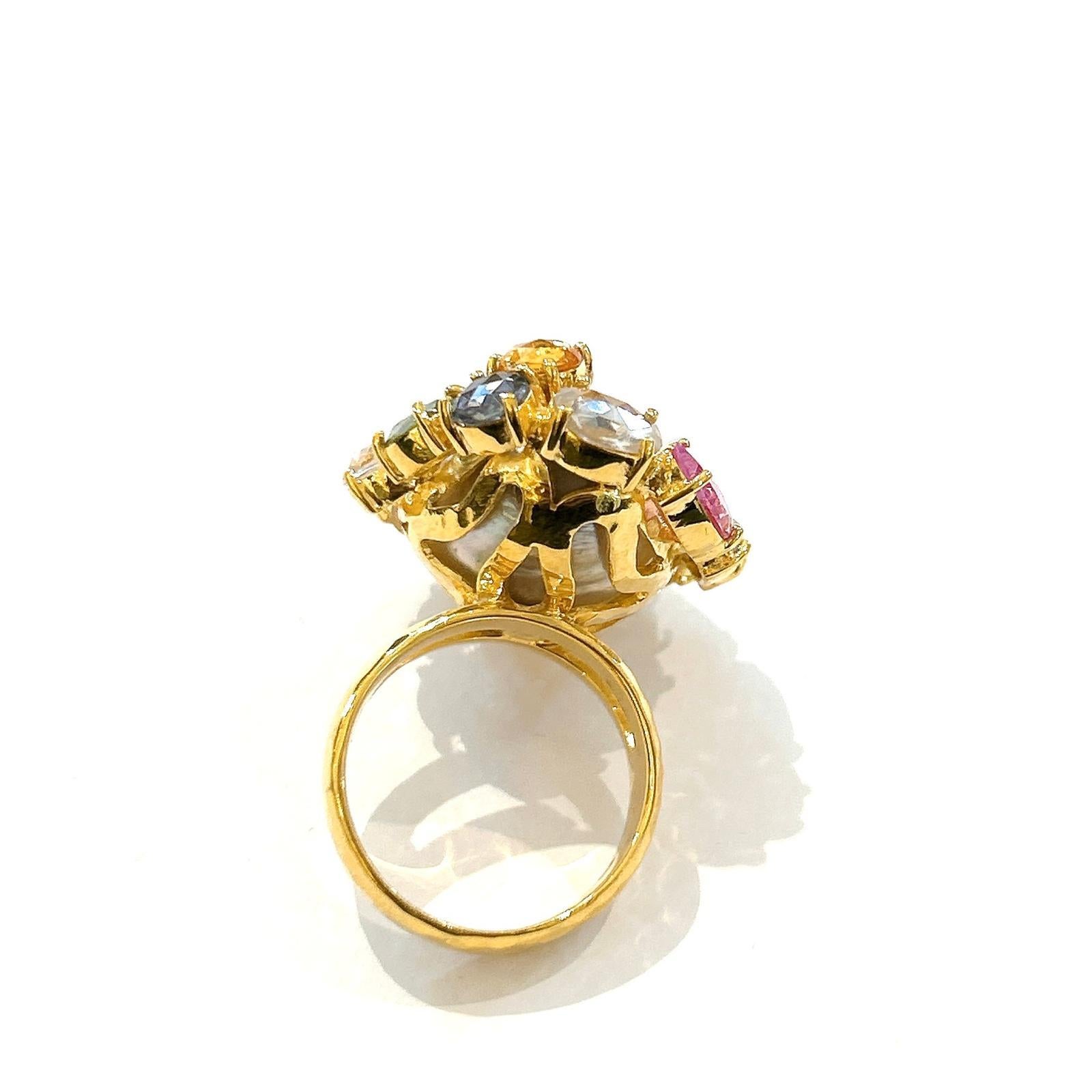 Baroque Bochic “Orient” Multi Sapphire & Pearl Cocktail Ring Set In 18K Gold & Silver For Sale