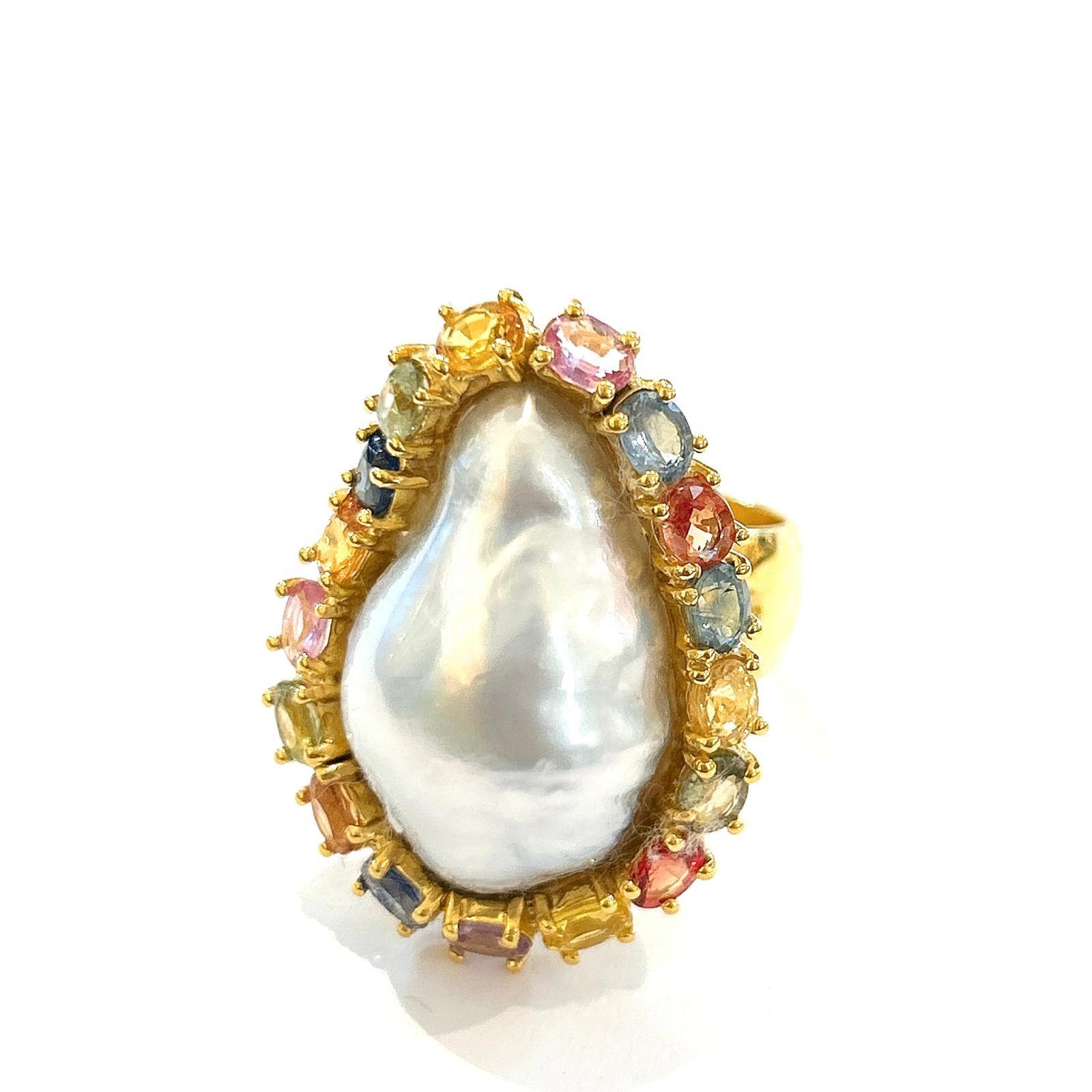 Oval Cut Bochic “Orient” Multi Sapphire & Pearl Cocktail Ring Set In 18K Gold & Silver For Sale