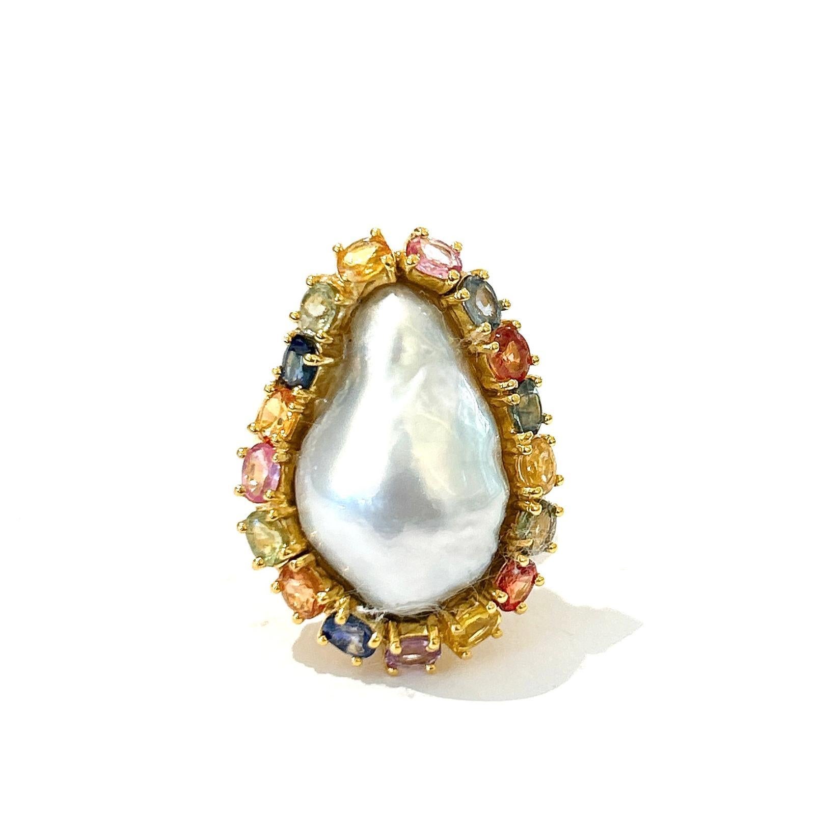 Bochic “Orient” Multi Sapphire & Pearl Cocktail Ring Set In 18K Gold & Silver In New Condition For Sale In New York, NY