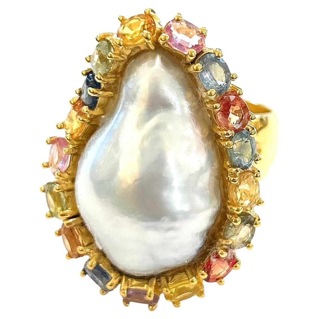 Bochic “Orient” Multi Sapphire & Pearl Cocktail Ring Set In 18K Gold & Silver