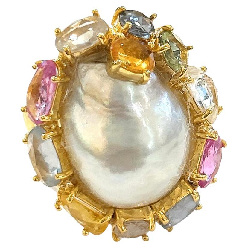Bochic “Orient” Multi Sapphire & Pearl Cocktail Ring Set In 18K Gold & Silver