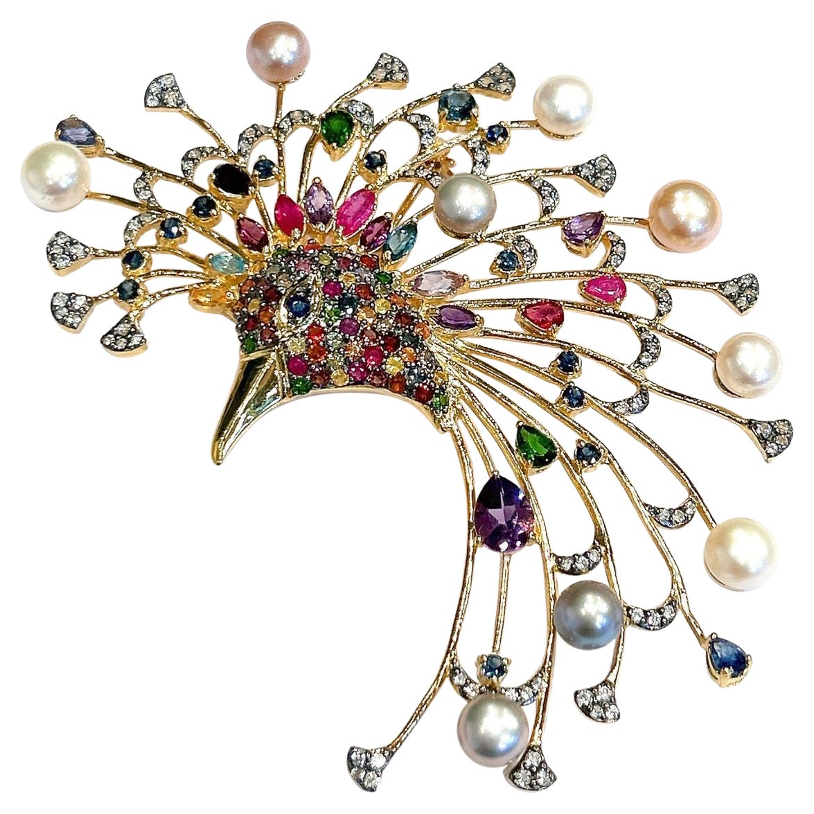 Bochic Orient Brosche aus 18 Karat Gold und Silber mit mehreren Saphiren, Perlen und Rubinen