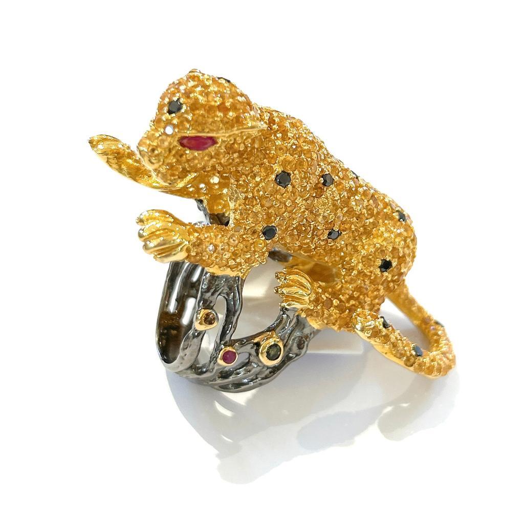 Belle Époque Bochic “Orient” Multi Sapphire & Ruby Panther Ring Set In 18 K Gold & Silver  For Sale
