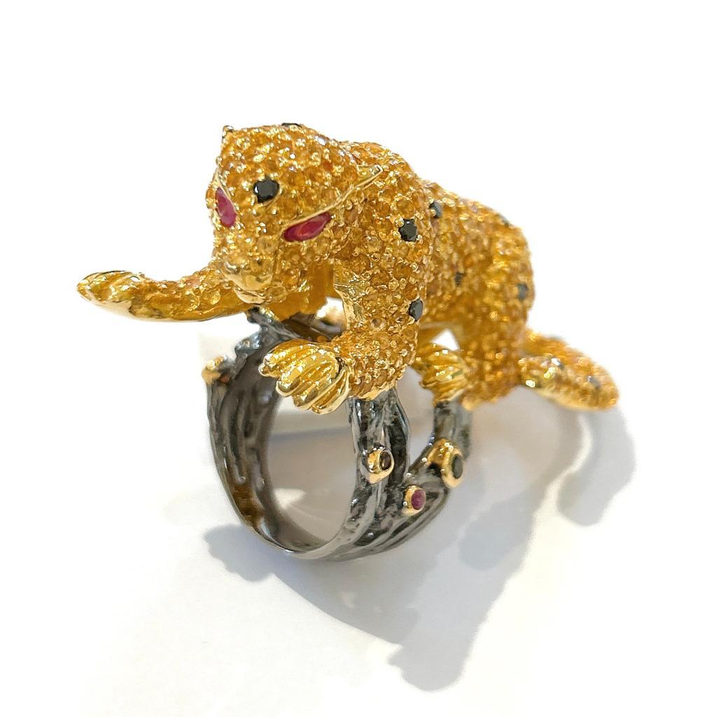 Brilliant Cut Bochic “Orient” Multi Sapphire & Ruby Panther Ring Set In 18 K Gold & Silver  For Sale