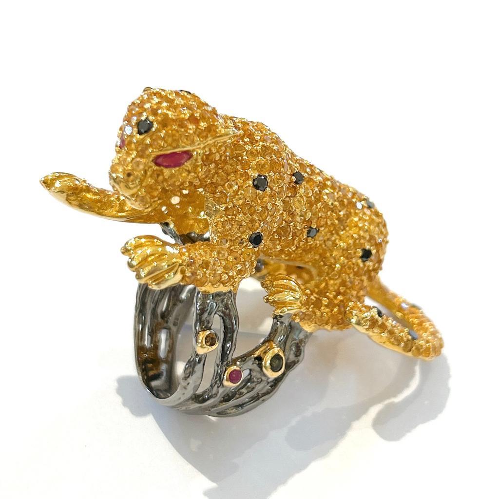 Women's Bochic “Orient” Multi Sapphire & Ruby Panther Ring Set In 18 K Gold & Silver  For Sale