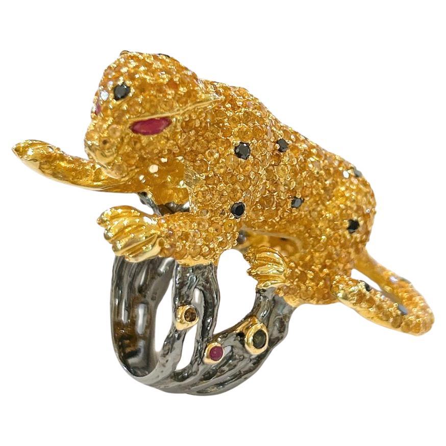 Bochic “Orient” Multi Sapphire & Ruby Panther Ring Set In 18 K Gold & Silver  For Sale