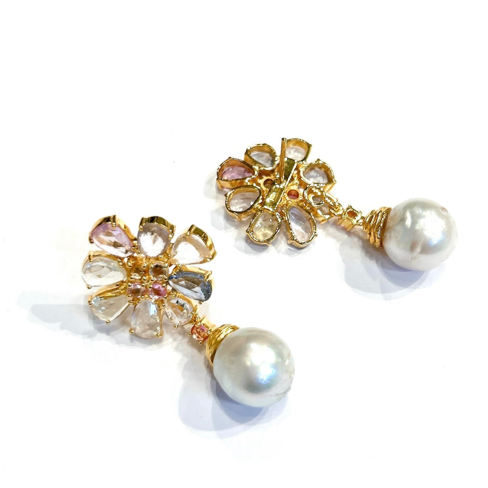 Bochic “Orient” Multi Sapphire & White Pearls Earrings Set 18K Gold & Silver For Sale 5