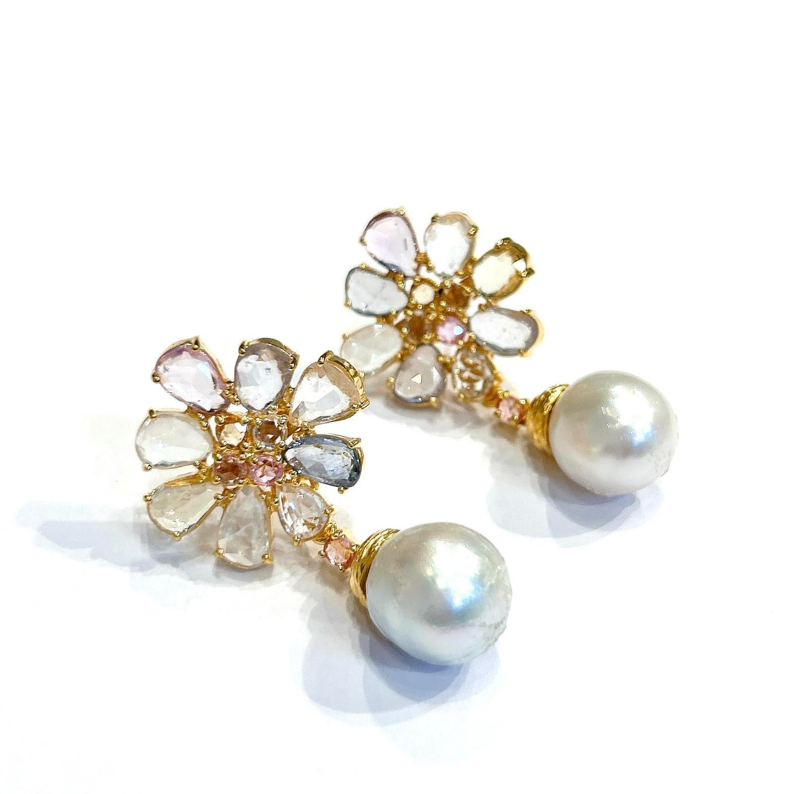 Bochic “Orient” Multi Sapphire & White Pearls Earrings Set 18K Gold & Silver For Sale 6
