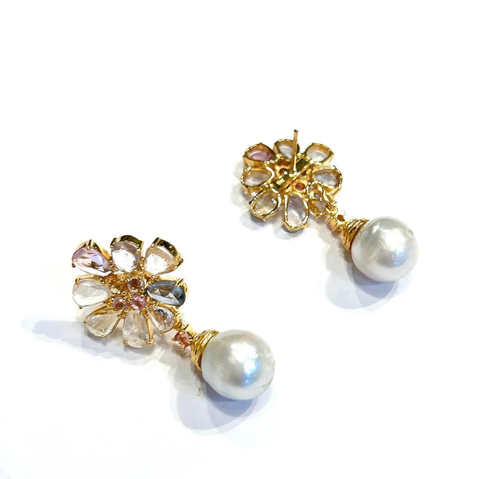 Bochic “Orient” Multi Sapphire & White Pearls Earrings Set 18K Gold & Silver For Sale 7