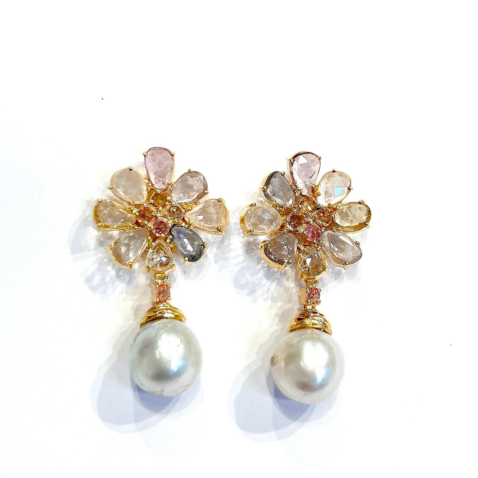 Bochic “Orient” Multi Sapphire & White Pearls Earrings Set 18K Gold & Silver For Sale 1
