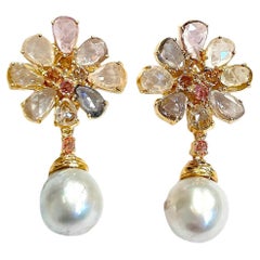 Bochic “Orient” Multi Sapphire & White Pearls Earrings Set 18K Gold & Silver