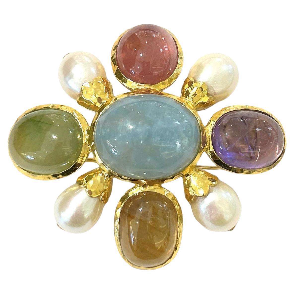 Bochic “Orient” Multi Sapphires & Multi Gem Brooch Set In 18K Gold & Silver  For Sale