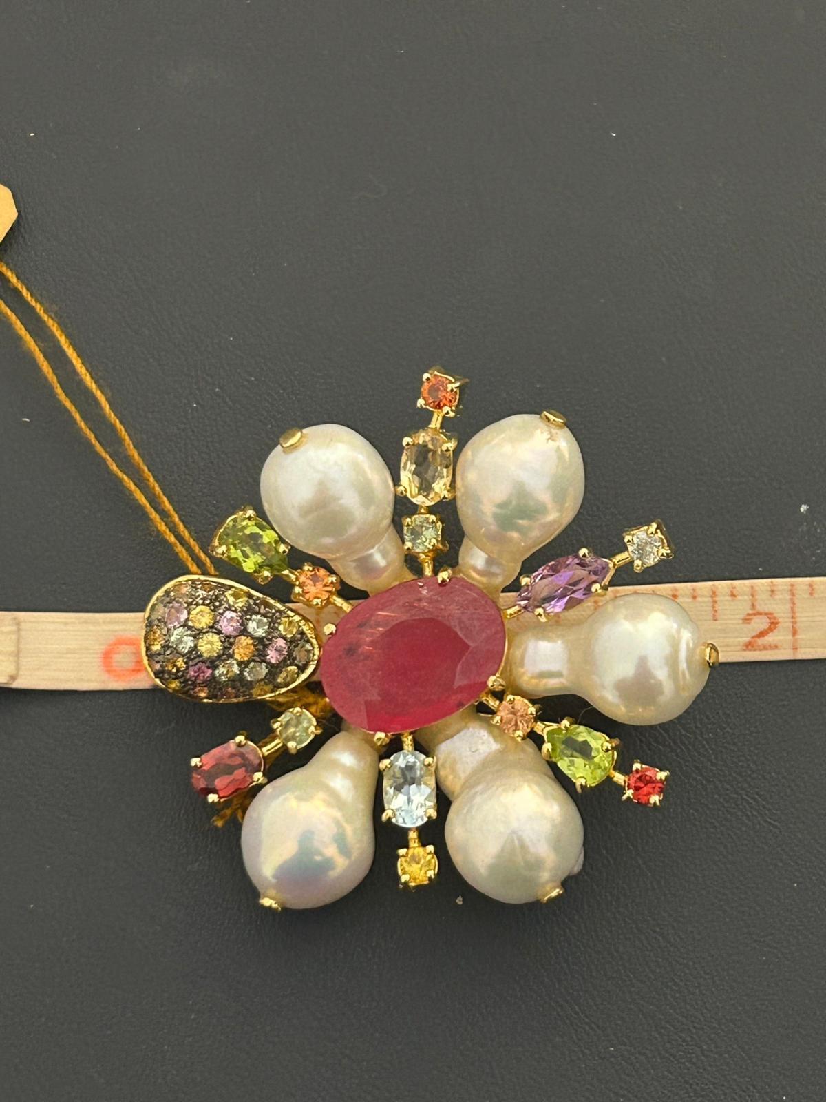Bochic “Orient” Multi Sapphires & Ruby Brooch Set In 18K Gold & Silver  For Sale 11