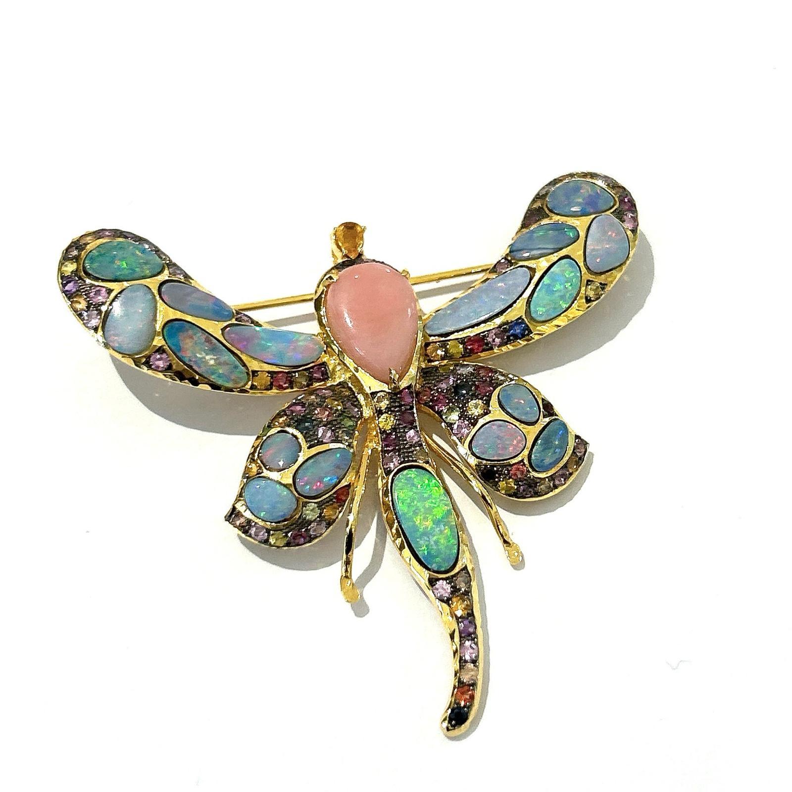 Bochic “Orient” Multi Sapphires & Ruby Brooch Set In 18K Gold & Silver 

Natural blue opals 
Salmon Color Color 
Multi color Natural Sapphires from Sri Lanka 
5 carat

The Brooch is from the 