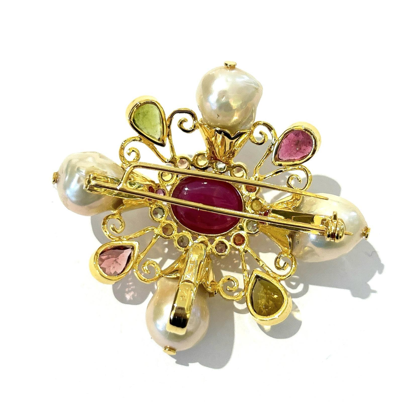 Cabochon Bochic “Orient” Multi Sapphires & Ruby Brooch Set In 18K Gold & Silver  For Sale