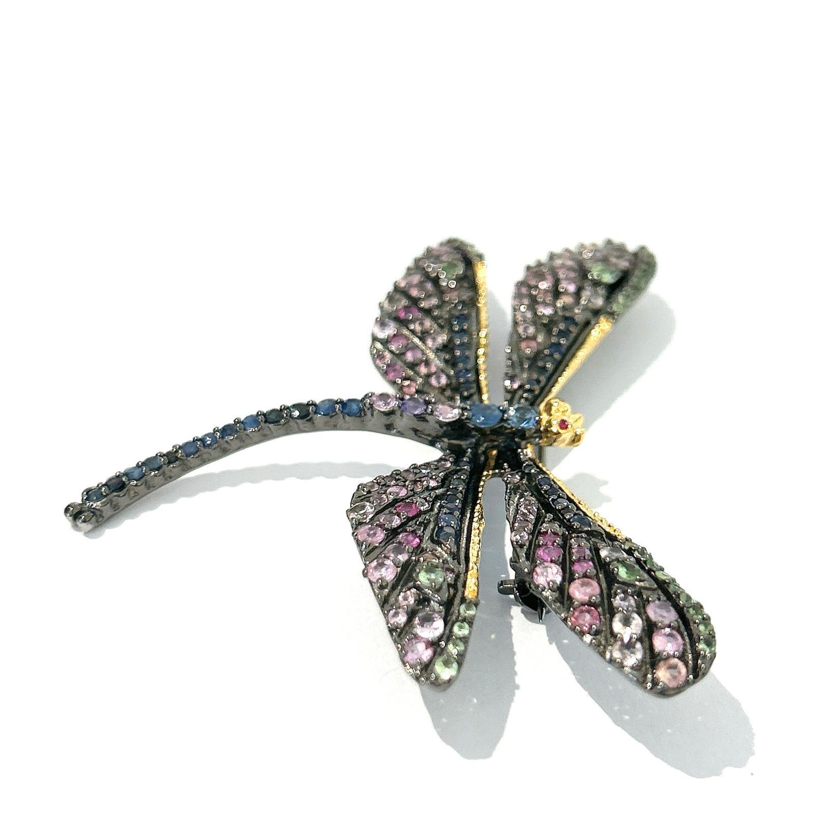 Brilliant Cut Bochic “Orient” Multi Sapphires & Ruby Brooch Set In 18K Gold & Silver  For Sale