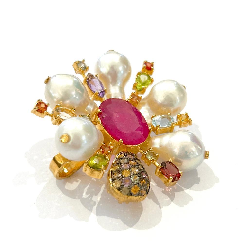 Bochic “Orient” Multi Sapphires & Ruby Brooch Set In 18K Gold & Silver  In New Condition For Sale In New York, NY